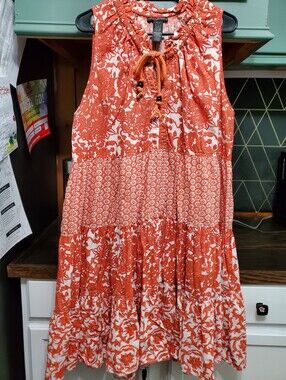 Chelsea & Theodore Tiered Sleeveless Mixed Print Dress Orange & White 1X Plus